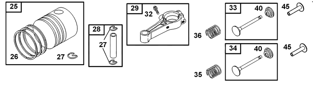 Piston Group, Connecting Rod, Valve Group Diagram and Parts List for 10C902-2033-XX  Briggs and Stratton Engine